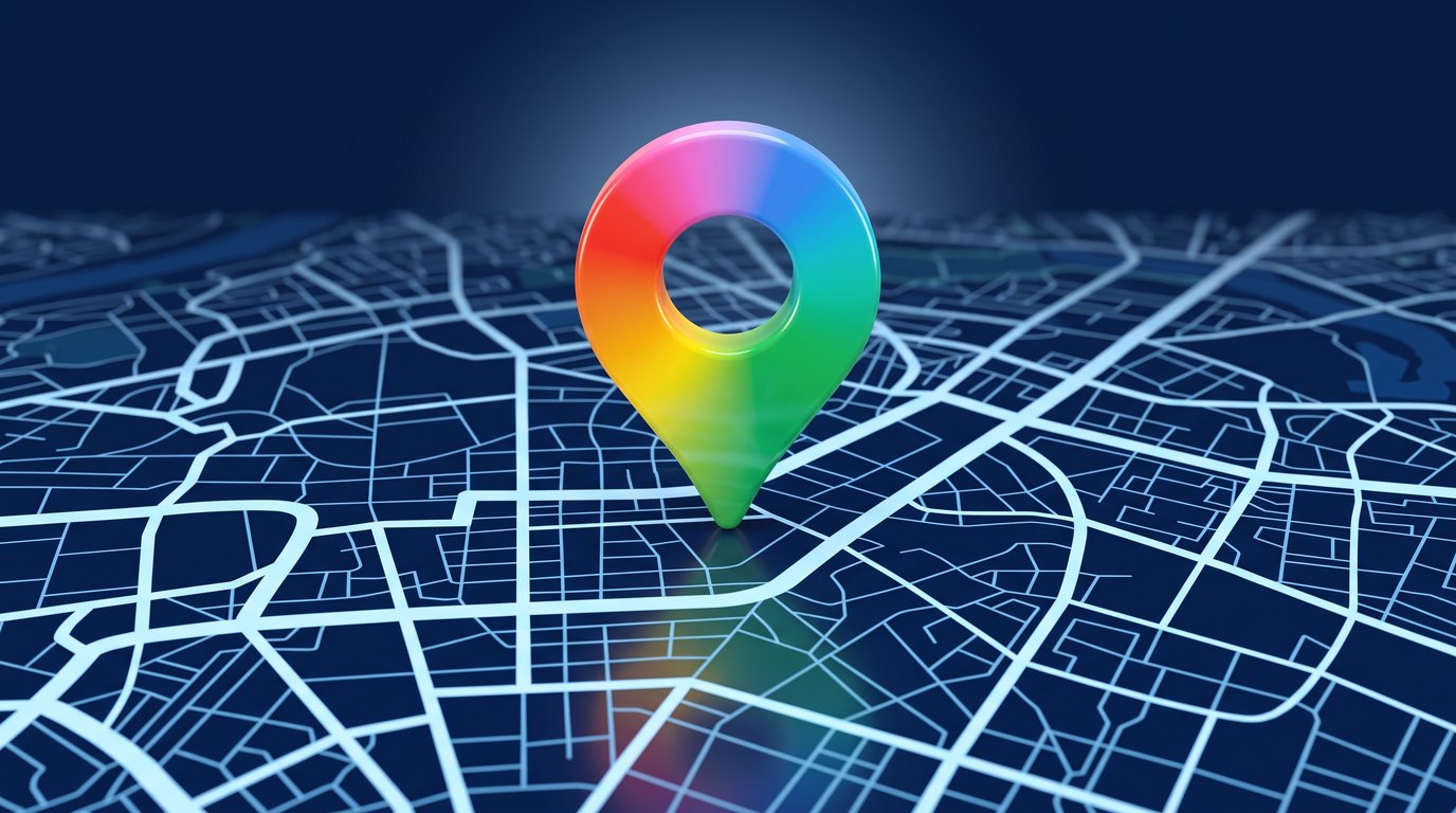 Marcador do Google Maps sobre um mapa de ruas visto em perspectiva